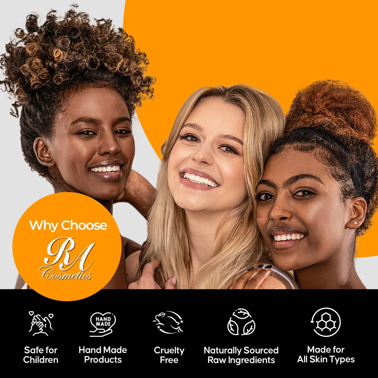 Three women with a focus on RA Cosmetics branding and product features.
