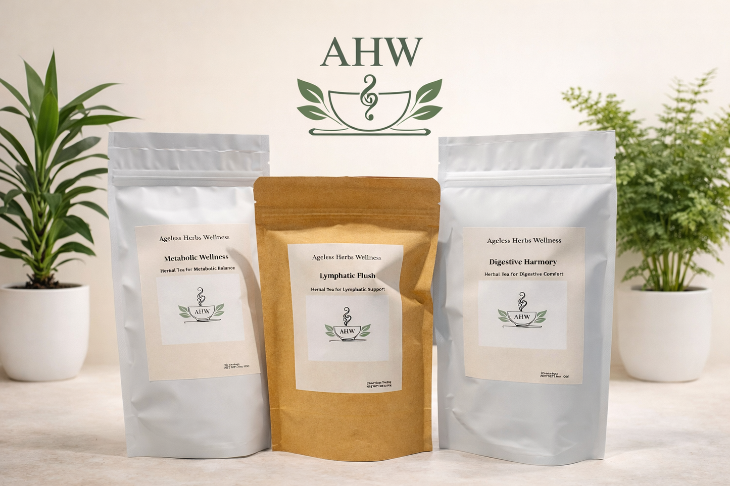 Three packages of Ageless Herbs Wellness with a logo in the background