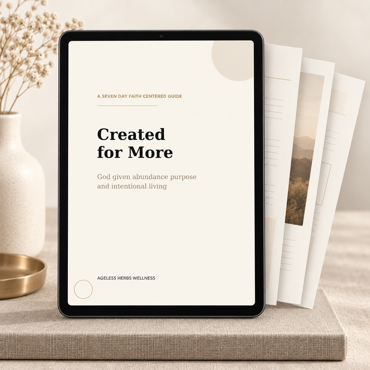 Created for More 7-day faith-centered digital guide displayed on a tablet with printable reflection pages in a neutral cream and gold setting.