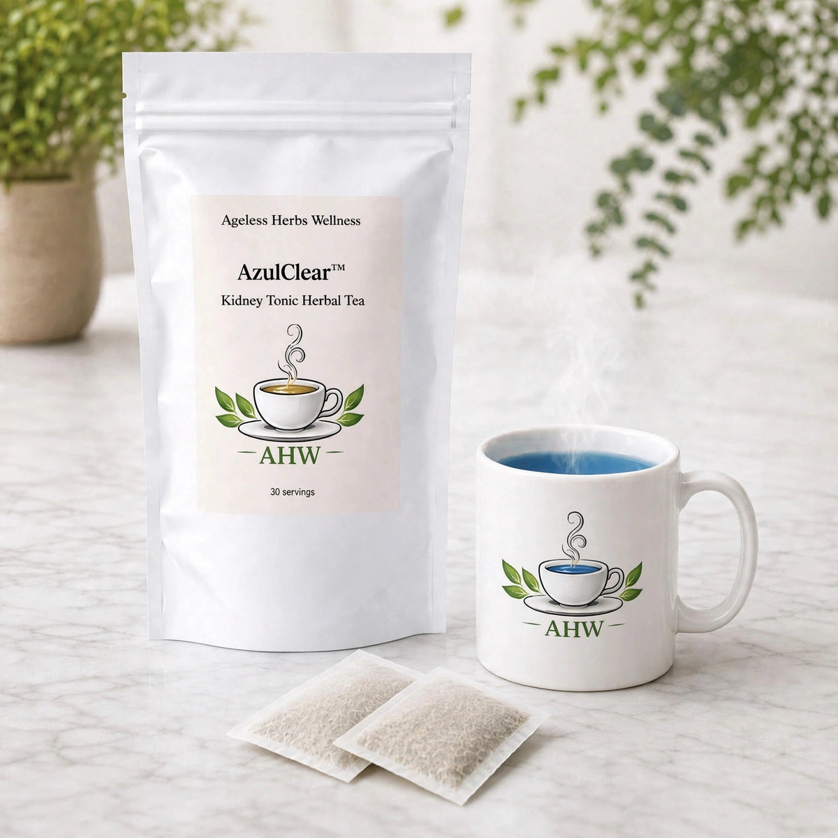 A white stand-up Ageless Herbs Wellness pouch of AzulClear Kidney Tonic Herbal Tea stands on a light marble surface beside a white ceramic mug filled with blue tea, with two tea bags placed in front. The pouch and mug both show the AHW logo and a cup-and-leaf graphic.