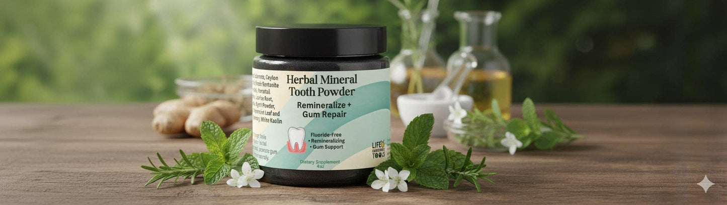 Herbal Mineral Tooth Powder jar on a wooden surface with herbs and flowers.