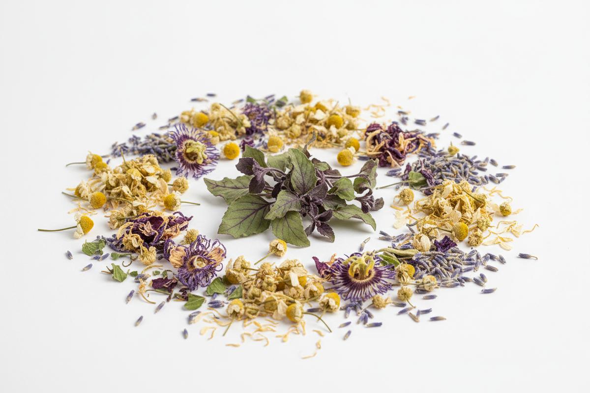 Calm Spirit stress relief tea with tulsi chamomile and lavender herbs