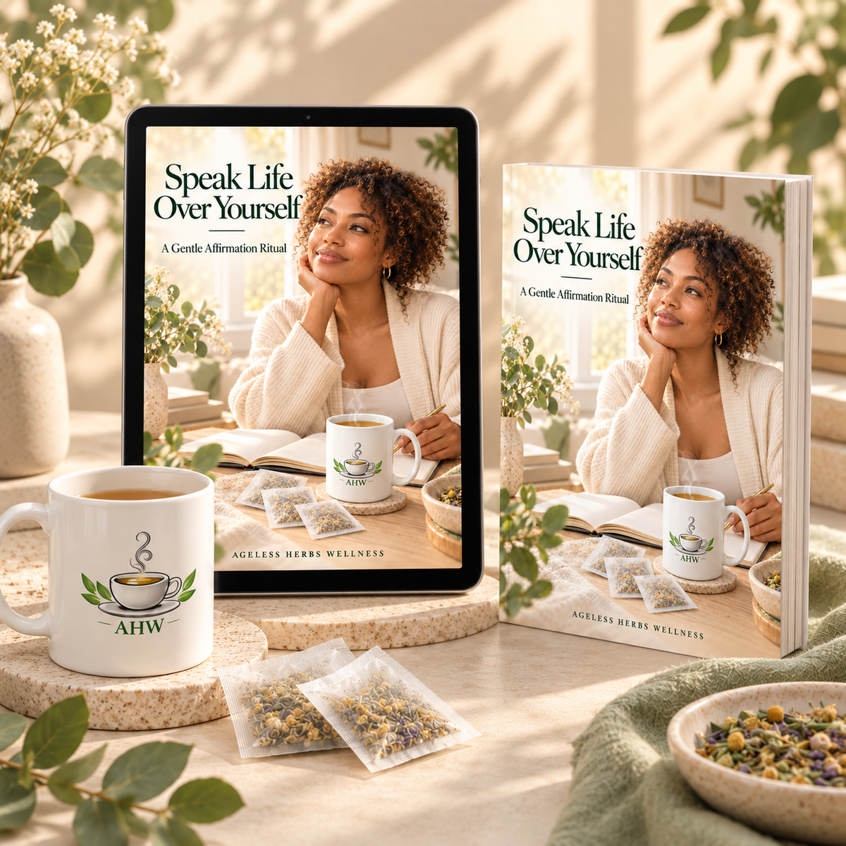 A book and a tablet both display the cover of 'Speak Life Over Yourself: A Gentle Affirmation Ritual' by Accessible Wellness. The scene is styled with a white ceramic mug featuring the 'AHW' logo, loose herbal tea bags, and dried tea ingredients on a woven coaster, with a green cloth and eucalyptus leaves in a warm, sunlit setting.
