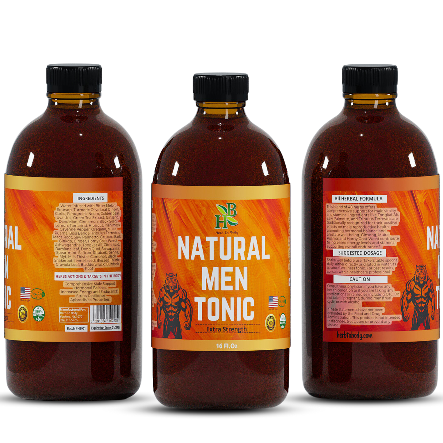 Three bottles of Natural Men Tonic with orange labels on a white background