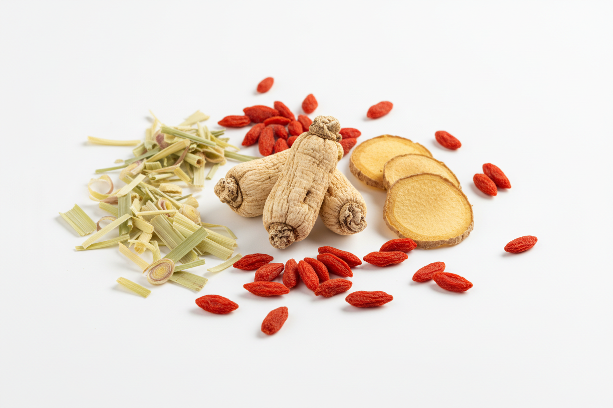 Vitality Boost Tea loose herbal ingredients with ginseng ginger lemongrass and goji berries