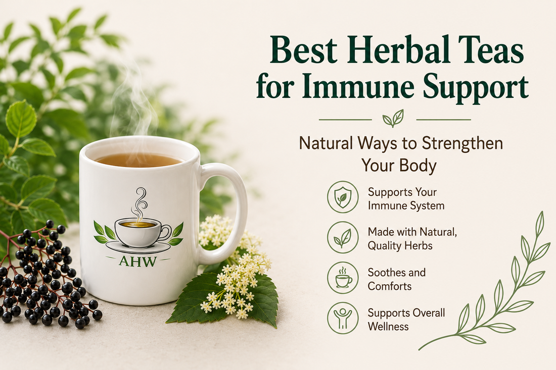 Steaming AHW herbal tea mug with elderberries and elderflowers beside text describing herbal teas for immune support and overall wellness.