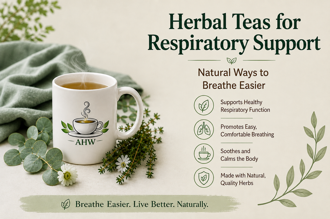 AHW herbal tea mug with eucalyptus, thyme, and white flowers beside information about herbal teas for respiratory support.