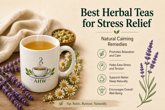 Steaming AHW herbal tea mug surrounded by lavender and chamomile beside information about herbal teas for stress relief and relaxation.