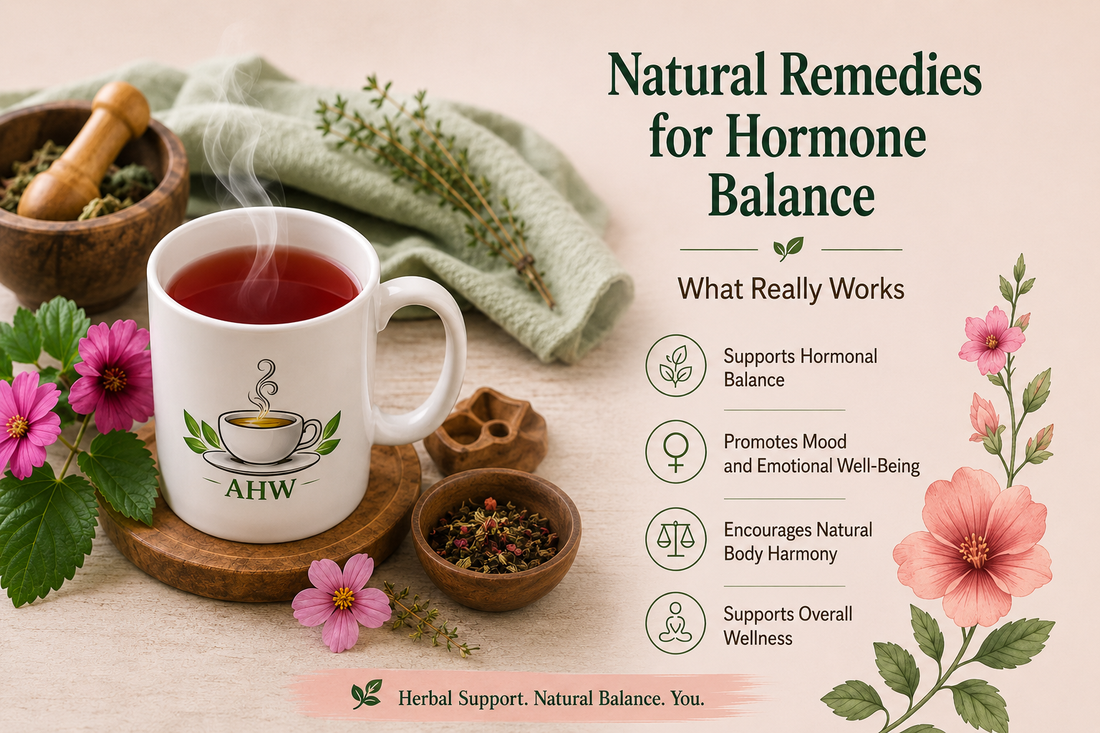 Steaming AHW mug filled with red herbal tea, surrounded by pink flowers and herbs beside information about natural hormone-balance support.