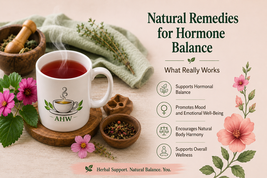 Steaming AHW mug filled with red herbal tea, surrounded by pink flowers and herbs beside information about natural hormone-balance support.