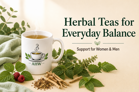 White AHW mug of steaming herbal tea surrounded by nettle, raspberry leaf, and ashwagandha beneath the words “Herbal Teas for Everyday Balance.”