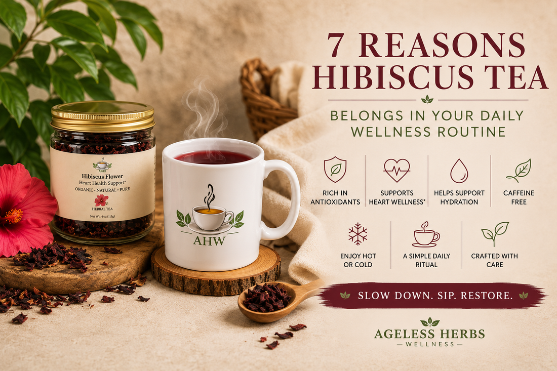 Hibiscus Flower tea jar beside a steaming AHW mug, red hibiscus flower, and seven illustrated reasons to enjoy hibiscus tea as part of a daily wellness routine.