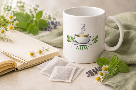 White Ageless Herbs Wellness mug beside herbal tea bags, an open journal, chamomile, lavender, and fresh green herbs in a calming cream-and-sage setting.