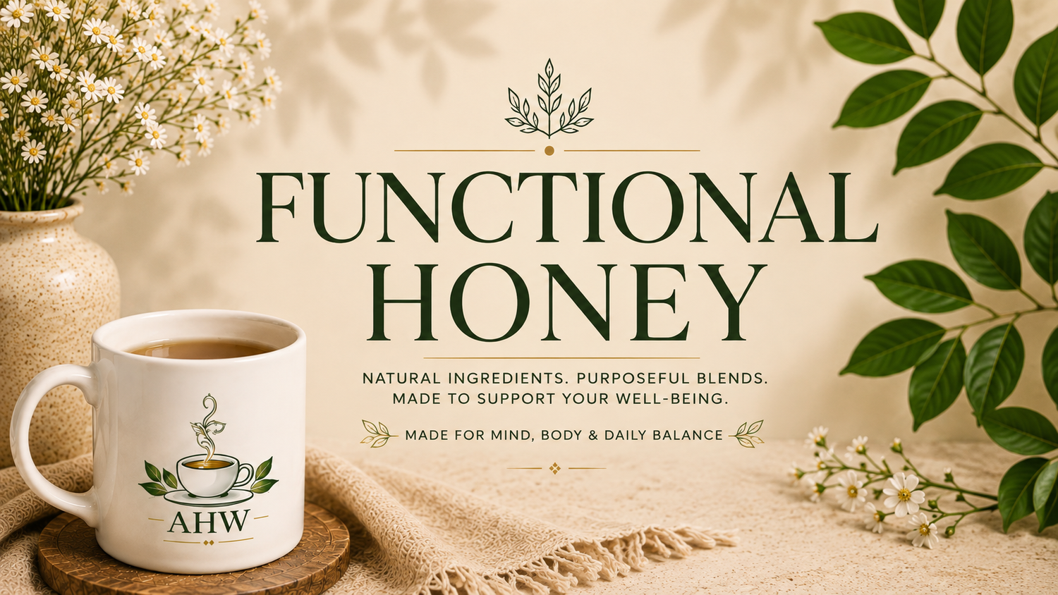Functional Honey collection banner by Ageless Herbs Wellness with botanical wellness theme.