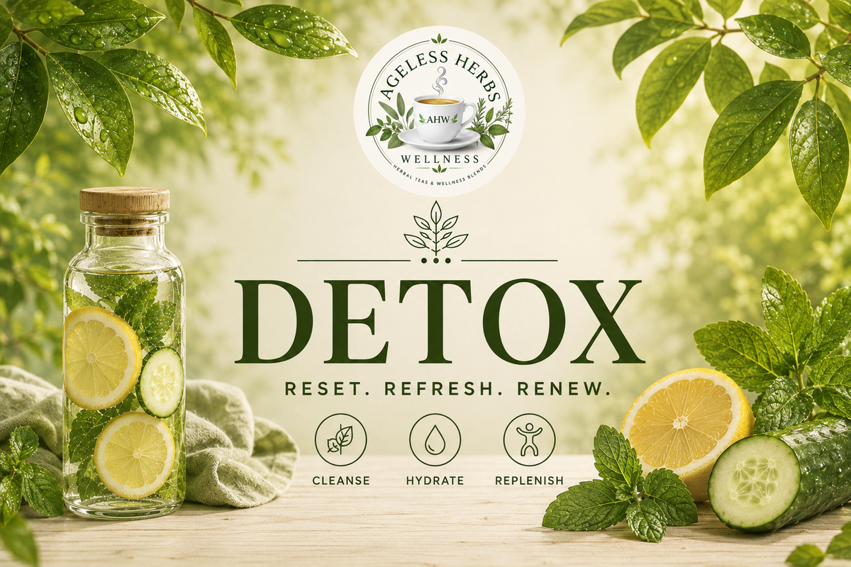 Detox & Cleanse collection banner featuring a glass bottle of lemon, cucumber, and mint infused water surrounded by fresh citrus, herbs, and green leaves with the words ‘Detox – Reset. Refresh. Renew.’ on a soft botanical background.