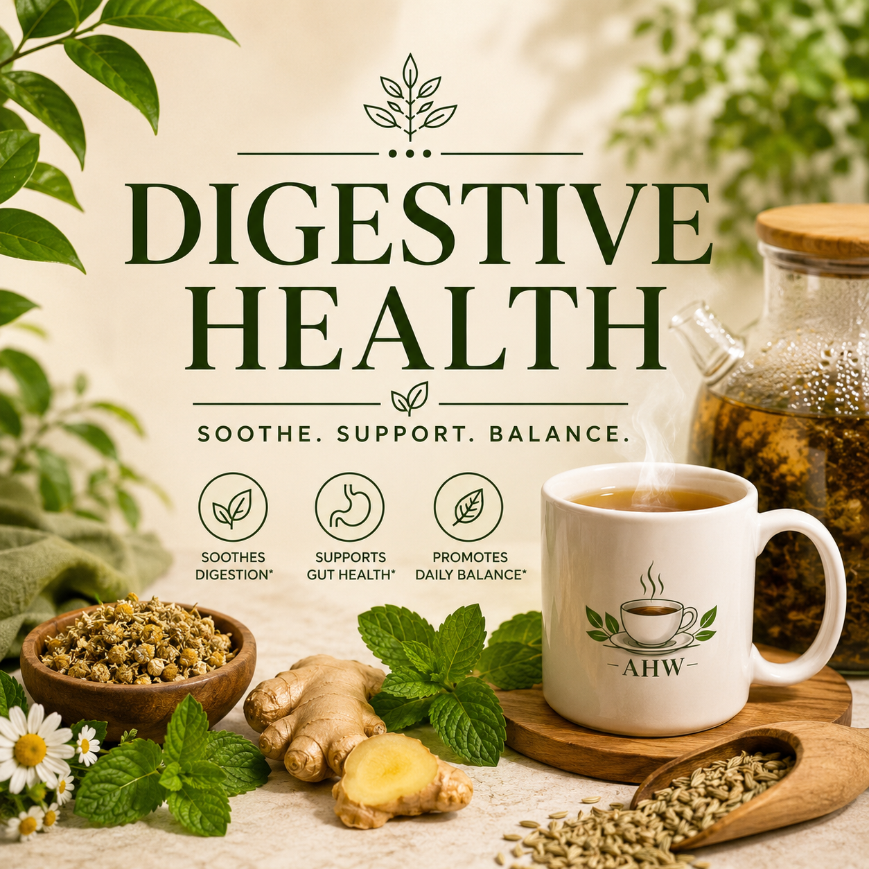 Digestive Health herbal tea collection banner featuring a steaming Ageless Herbs Wellness mug with chamomile, ginger, mint, fennel seeds, and a glass teapot on a soft botanical background with the words ‘Digestive Health – Soothe. Support. Balance.