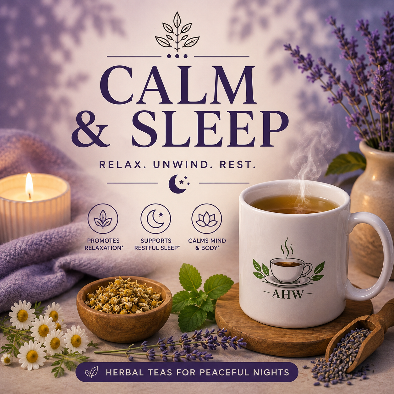 Calm & Sleep herbal tea collection featuring a steaming Ageless Herbs Wellness mug with chamomile, lavender, calming herbs, a glowing candle, and cozy evening décor on a soft lavender background.