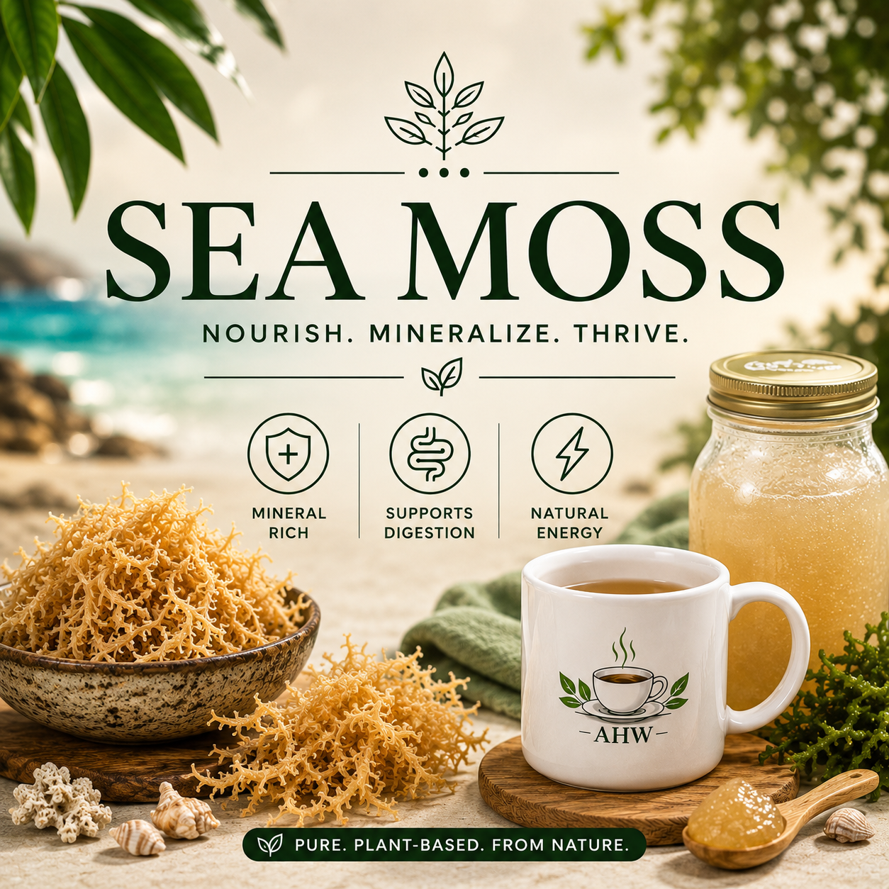 Sea Moss collection banner featuring dried sea moss, sea moss gel, and an Ageless Herbs Wellness mug on a coastal-inspired background with the words ‘Sea Moss – Nourish. Mineralize. Thrive.’ and natural wellness imagery.
