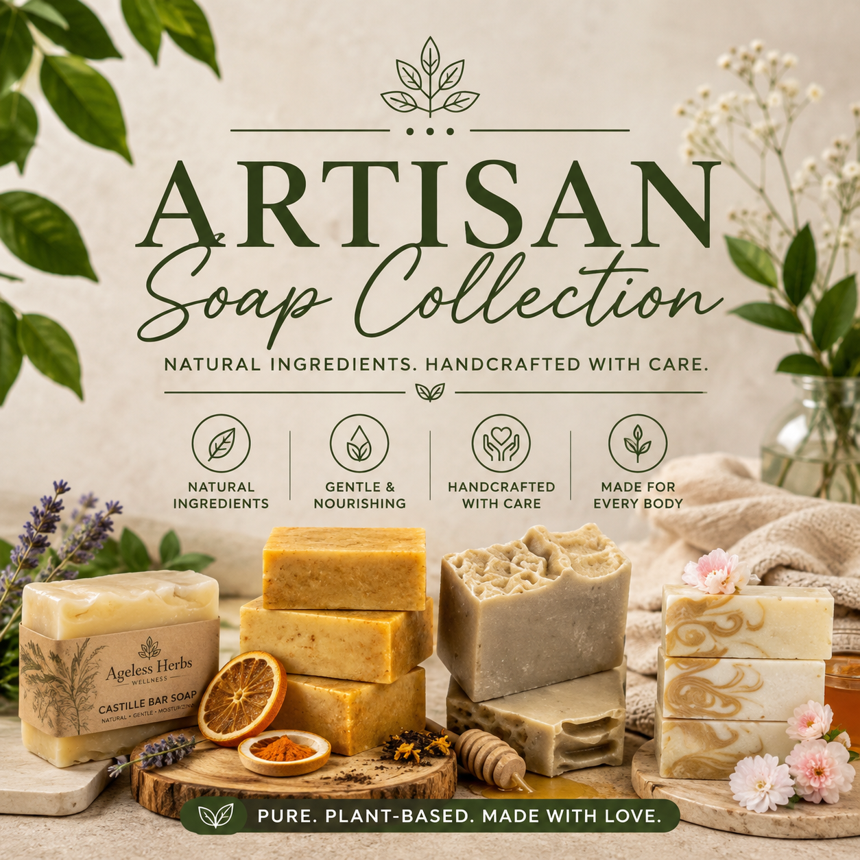 Artisan Soap Collection banner featuring handcrafted Ageless Herbs Wellness soaps including Castile, Turmeric & Carrot, Milk & Honey, and decorative botanical bars with lavender, honey, dried citrus, flowers, and natural spa-inspired décor.