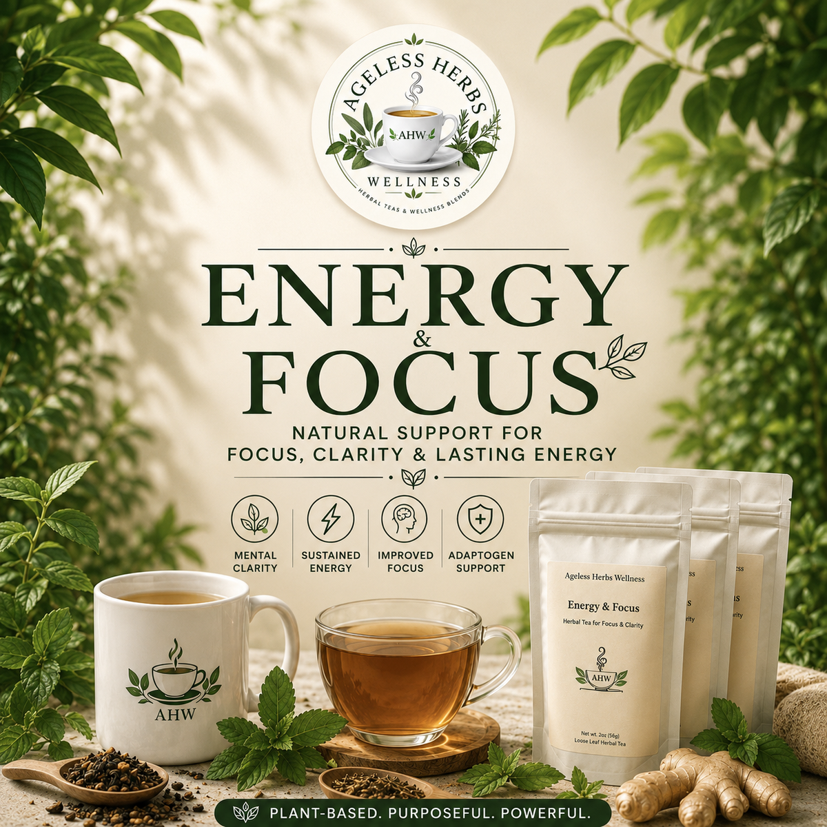 Energy & Focus herbal tea collection featuring Ageless Herbs Wellness Energy & Focus tea pouches, a branded tea mug, brewed herbal tea, mint, ginger, and loose herbs on a bright botanical background.