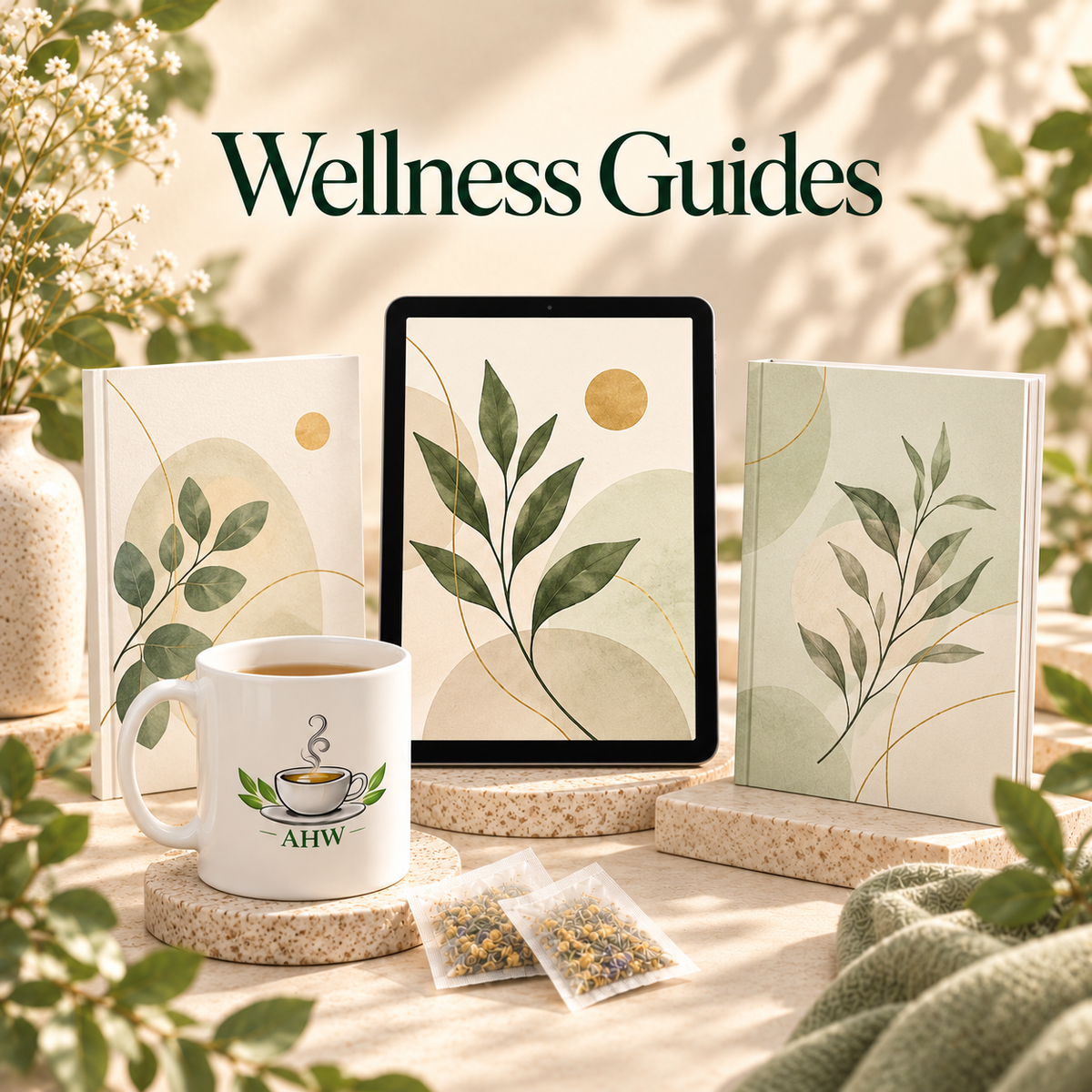 Ageless Herbs Wellness digital guides displayed with an AHW mug and herbal tea bags