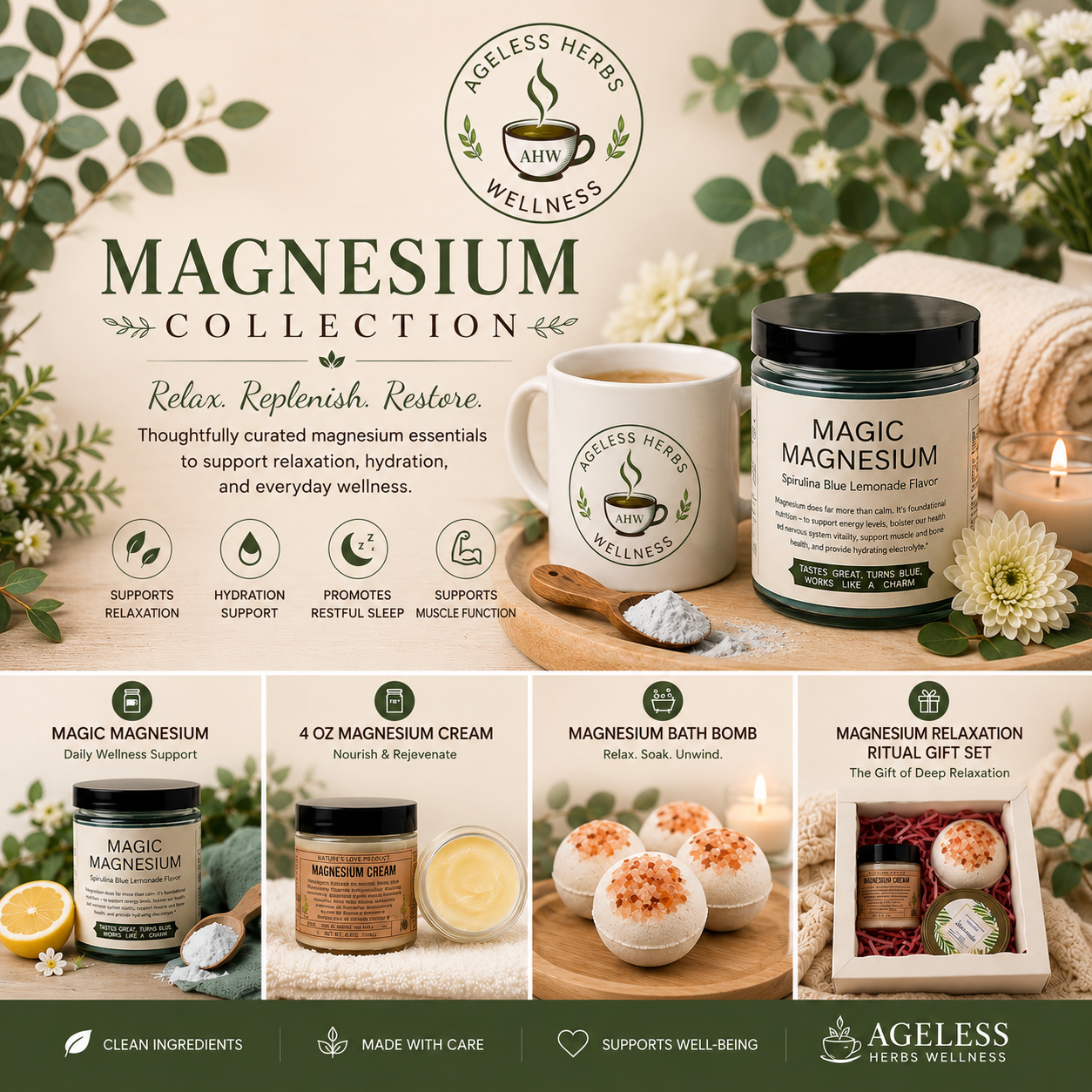 Magnesium Collection banner showcasing Ageless Herbs Wellness magnesium supplements, magnesium cream, bath bombs, relaxation gift set, and herbal wellness products.