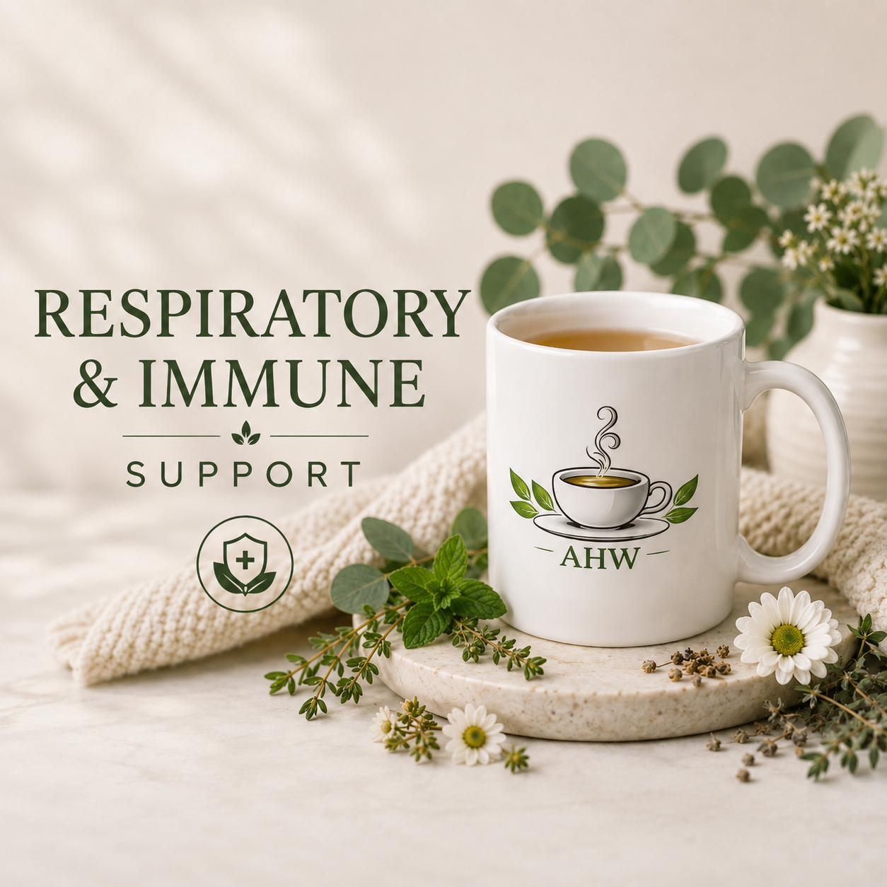 Respiratory & Immune Support collection banner featuring an Ageless Herbs Wellness herbal tea mug with botanical ingredients and a natural wellness theme.