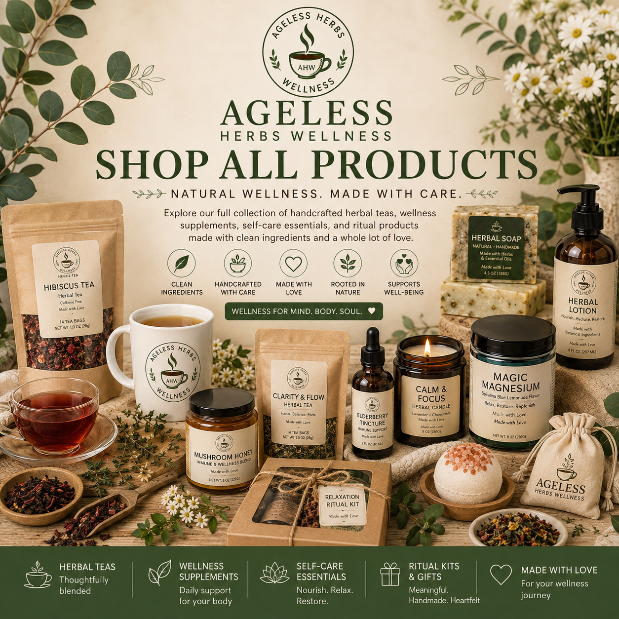 Shop All Products banner showcasing Ageless Herbs Wellness herbal teas, supplements, self-care products, and wellness essentials.