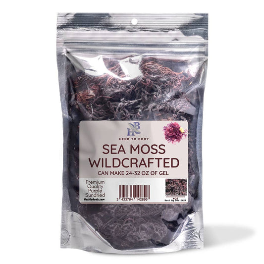 Packaged sea moss with a visible label on a white background