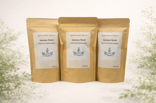 Three packages of Ageless Herbs Wellness Immune Shield on a white background with a soft floral border.