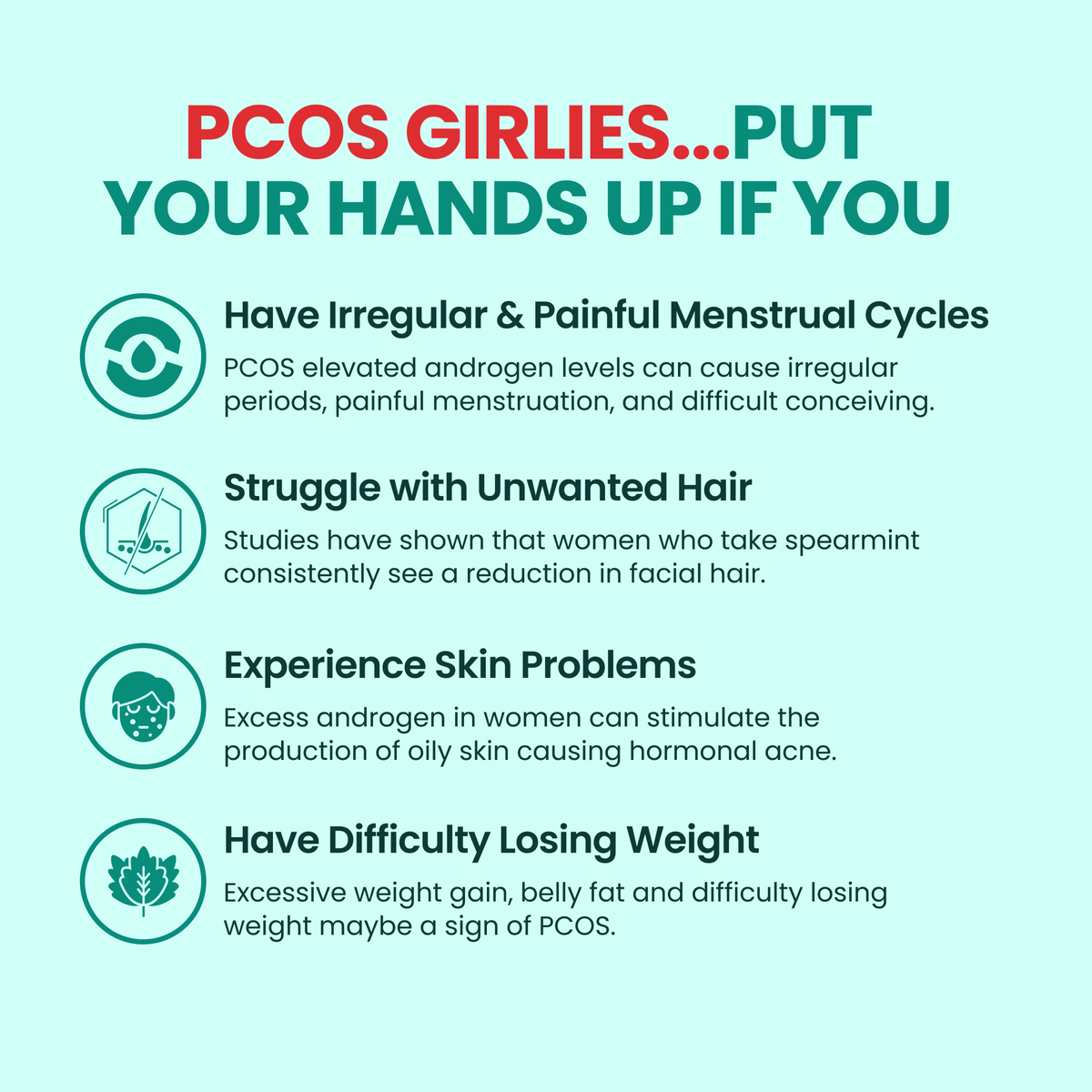 Infographic about PCOS symptoms on a light green background