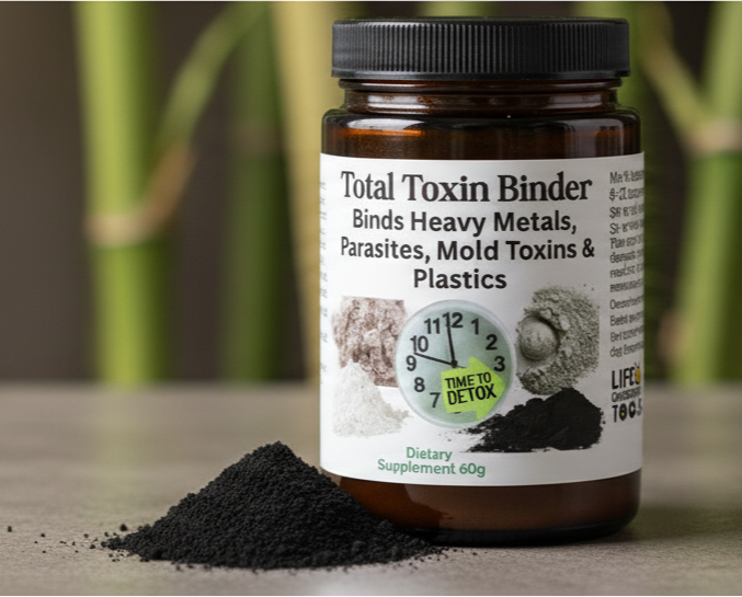 Supplement bottle labeled 'Total Toxin Binder' with a pile of black powder on a wooden surface.