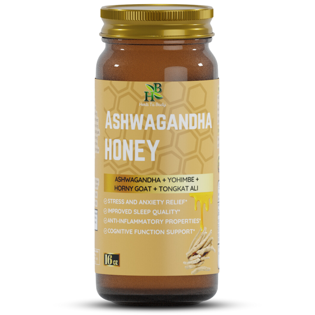 Jar of Ashwagandha Honey with gold lid on a white background