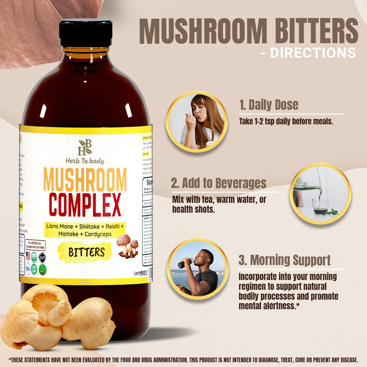 Bottle of Mushroom Complex with usage directions on a beige background