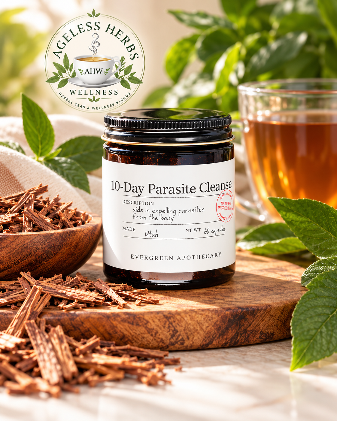 Ageless Herbs Wellness 10-Day Parasite Cleanse supplement in an amber jar, styled with natural herbs, greenery, herbal tea, and the Ageless Herbs Wellness logo in a warm botanical setting.