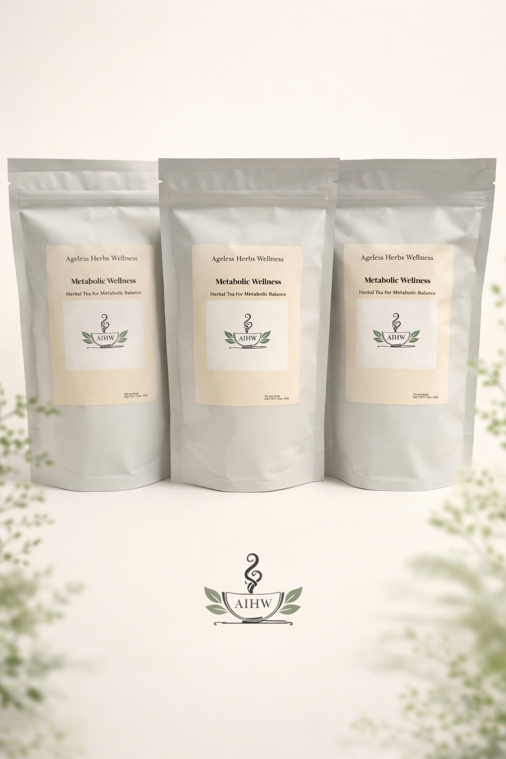 Three packages of Ageless Herbs Wellness on a light background with a brand logo.