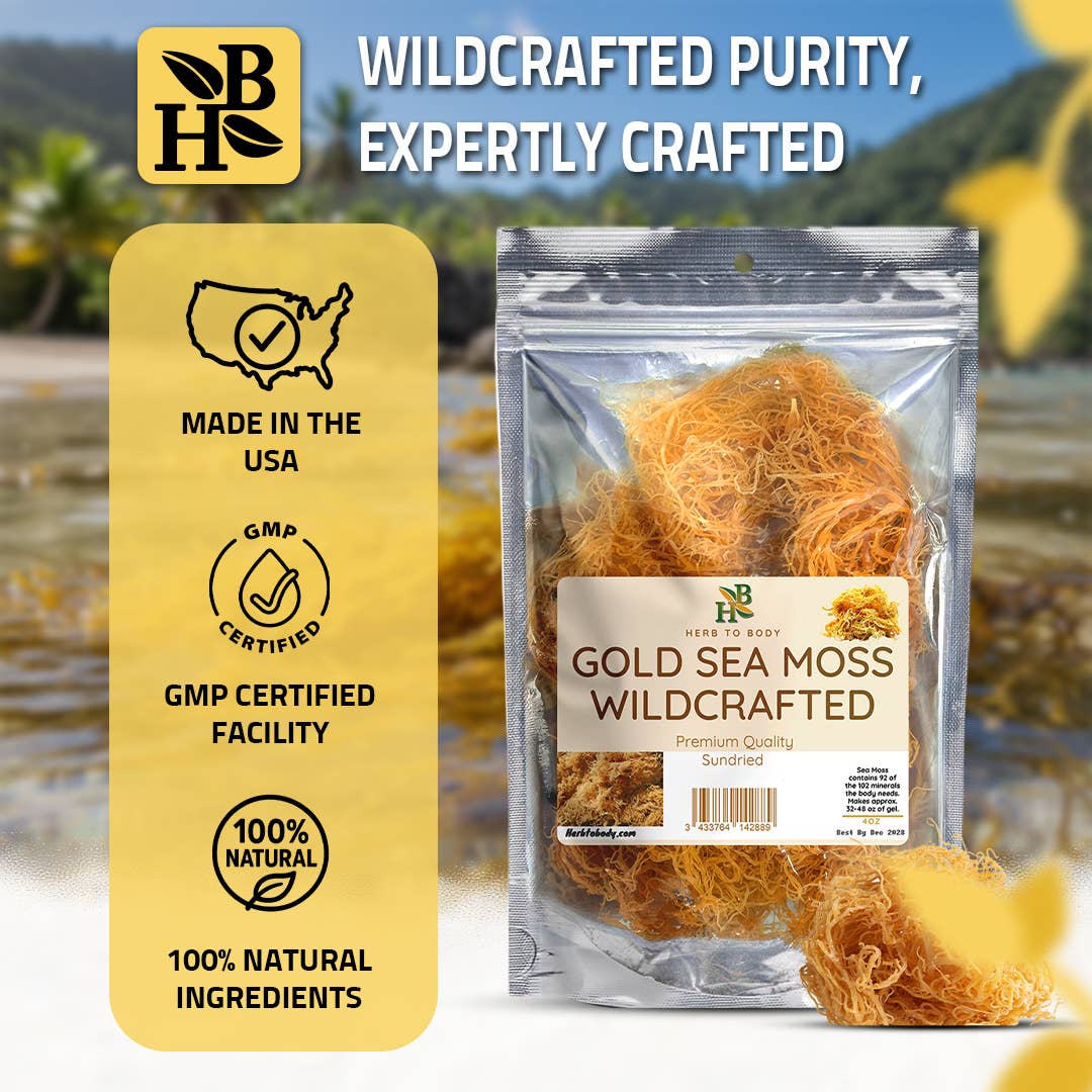 Gold sea moss package with certification labels and a scenic background
