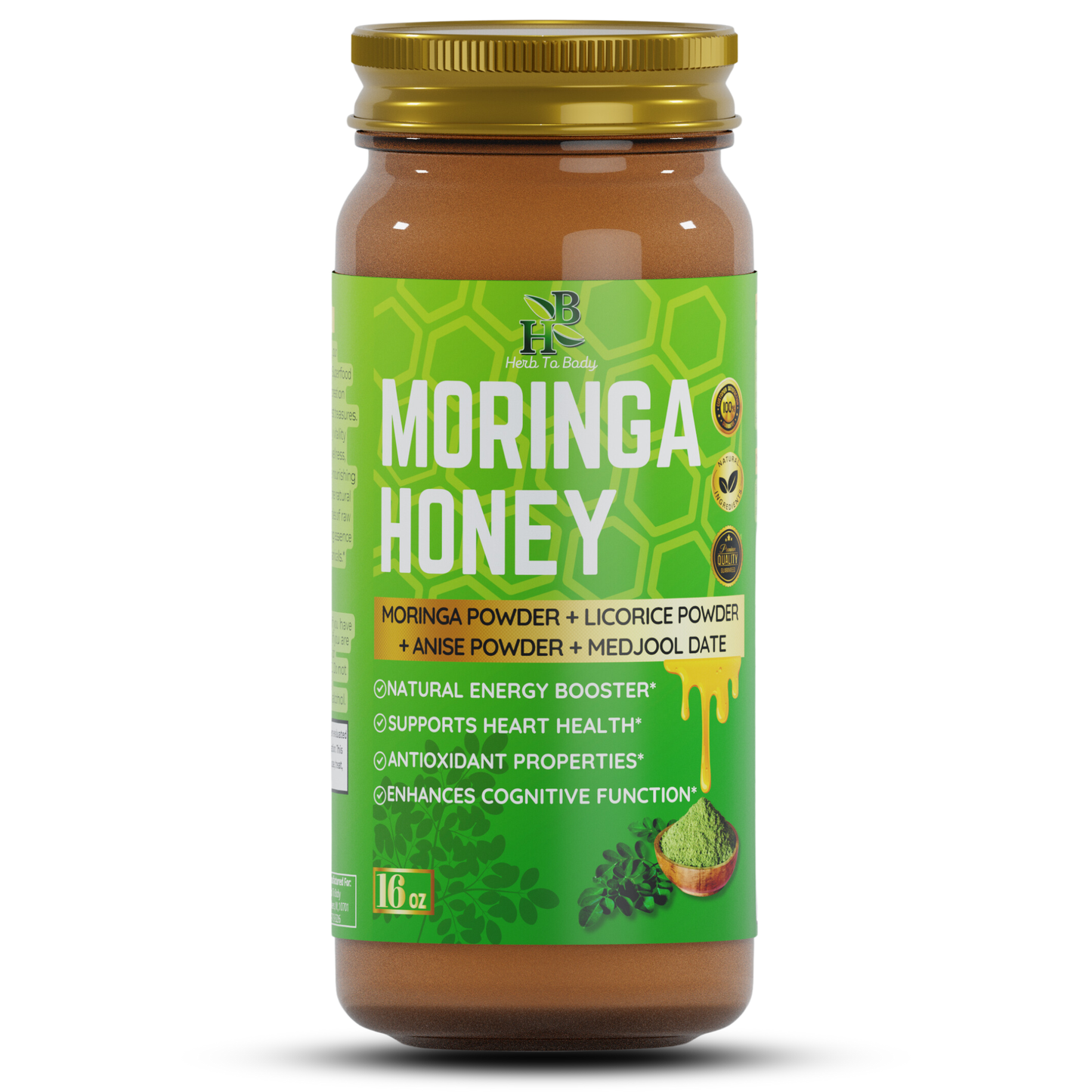 Front view of Moringa Infused Raw Honey 16oz jar with green label – daily superfood wellness support