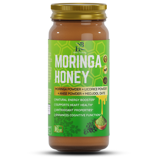 Front view of Moringa Infused Raw Honey 16oz jar with green label – daily superfood wellness support