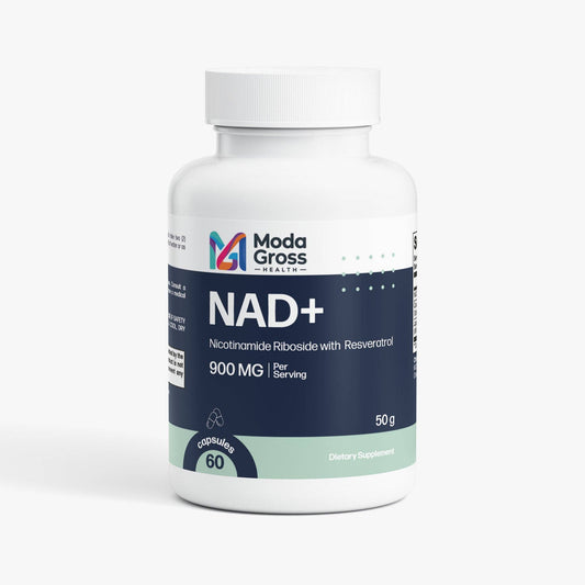 A white bottle of Modra Gross NAD+ dietary supplement, featuring a dark navy blue and light green label with white text, set against a clean white background.