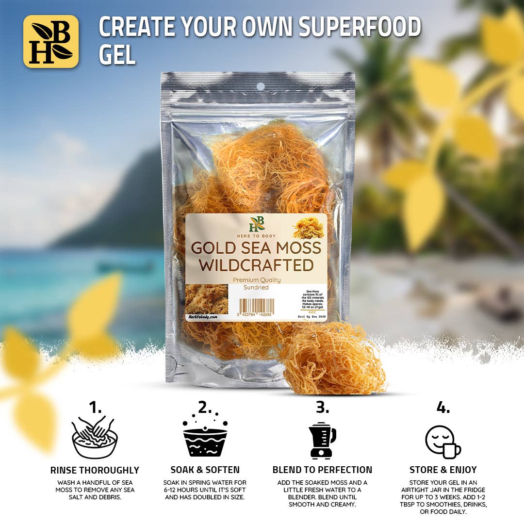 Gold sea moss package with branding and product details on a scenic background