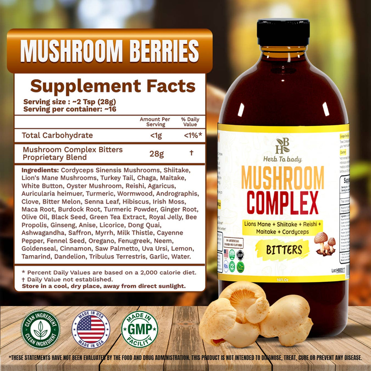 Bottle of Mushroom Complex Bitters with supplement facts label on a wooden surface