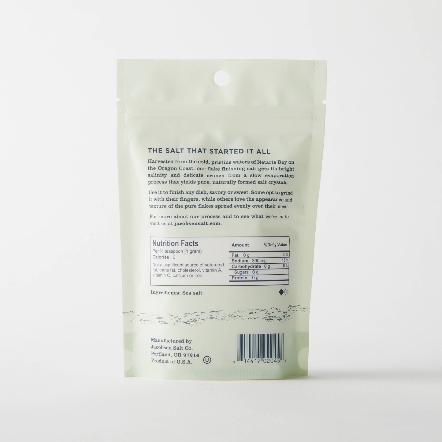 Back of a salt packaging with text and nutrition facts on a white background