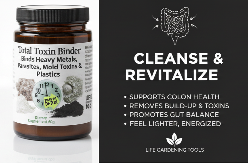 Supplement jar labeled 'Total Toxin Binder' with promotional text on a white background