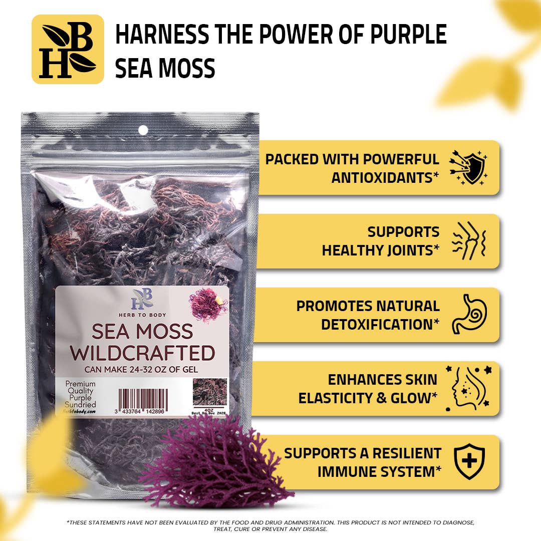 Packaged sea moss with health benefits listed on a yellow background