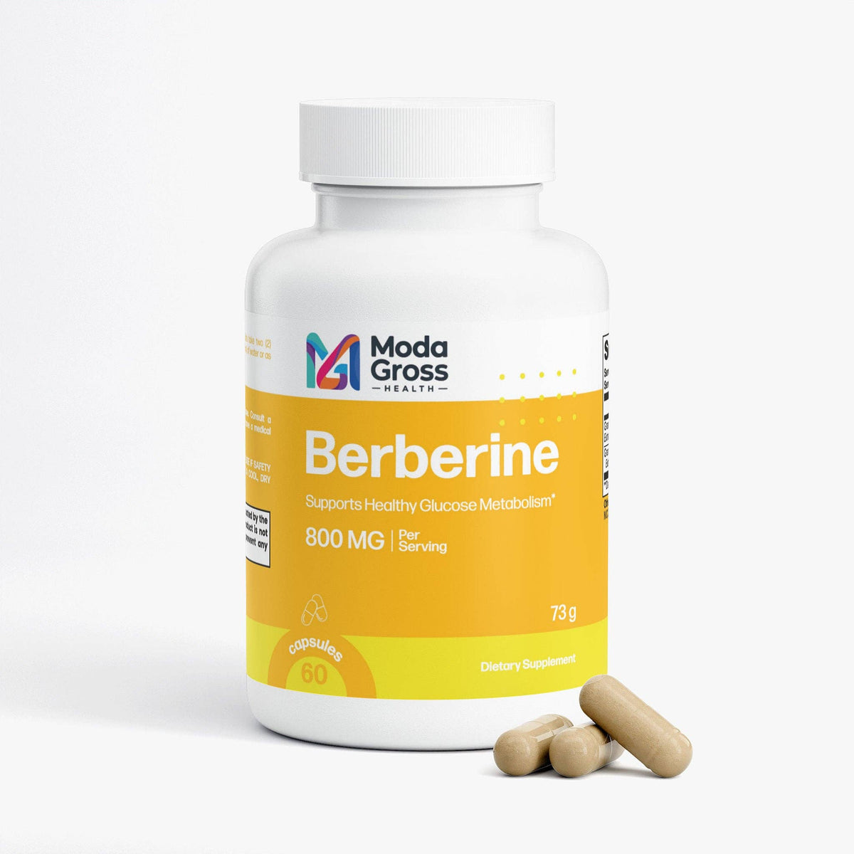 A white bottle of Modia Gross Berberine dietary supplement with a yellow label, shown on a clean white background with three beige capsules in front.