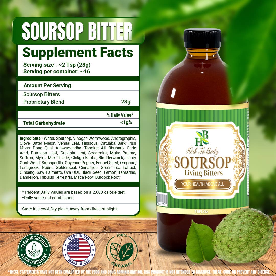 Soursop Bitter supplement bottle with label and supplement facts on a wooden surface with green leaves in the background.