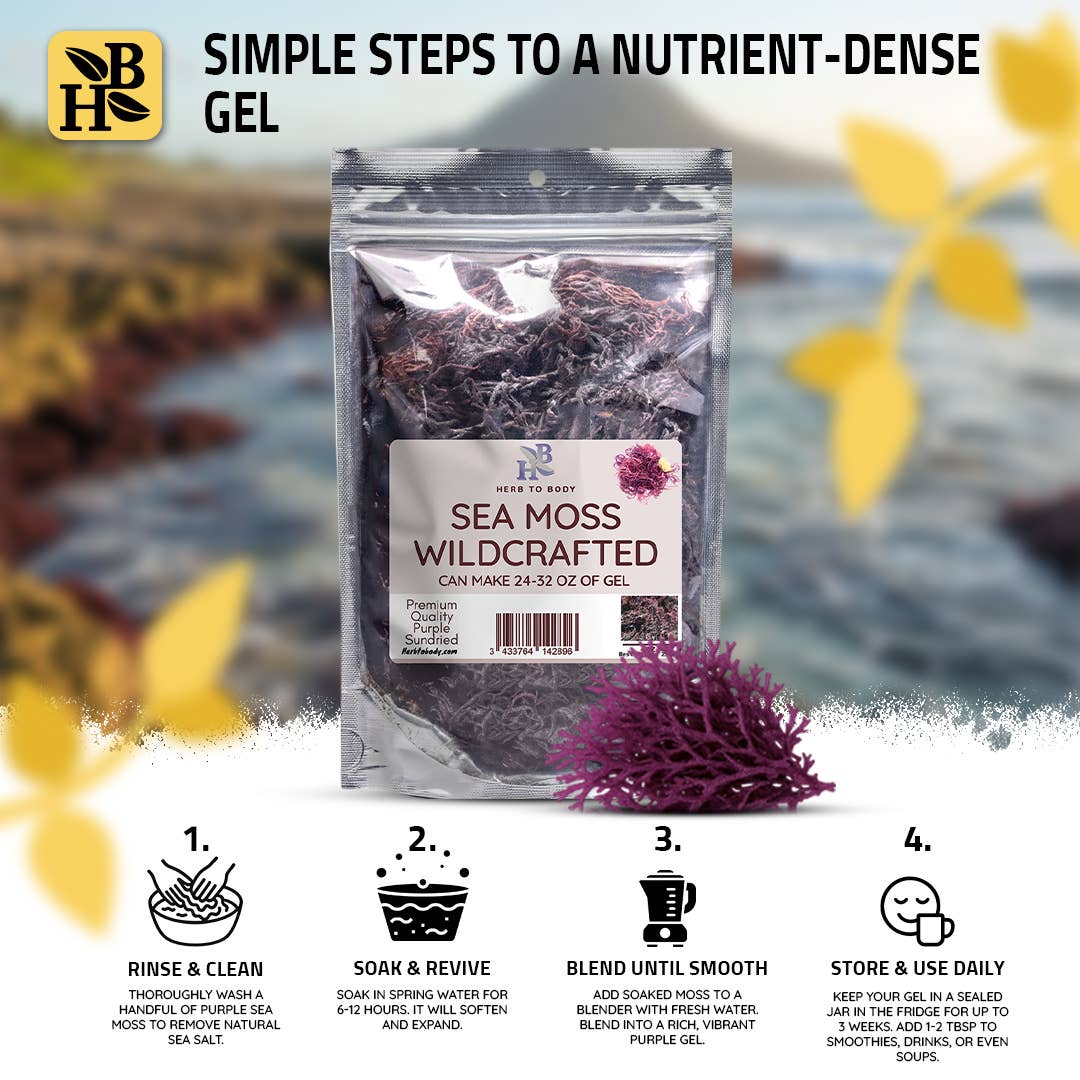 Sea moss package with instructions for making a nutrient-dense gel, set against a blurred natural background.