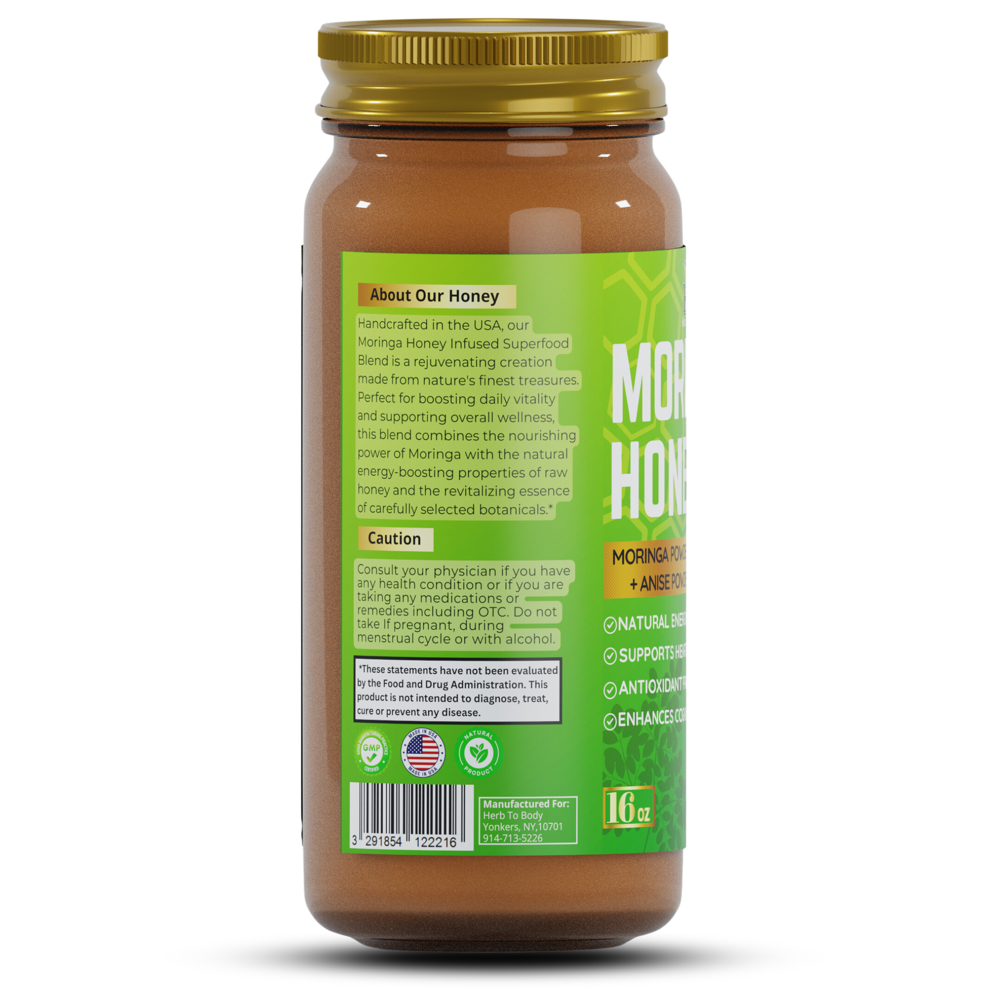 Jar of Moringa honey with a green label on a white background