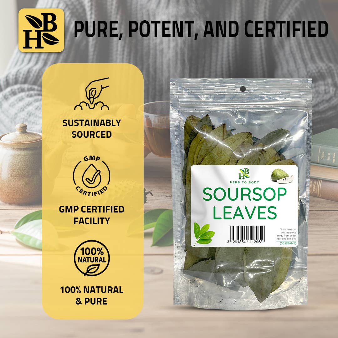 Packaging of Soursop Leaves with certification labels on a wooden surface.